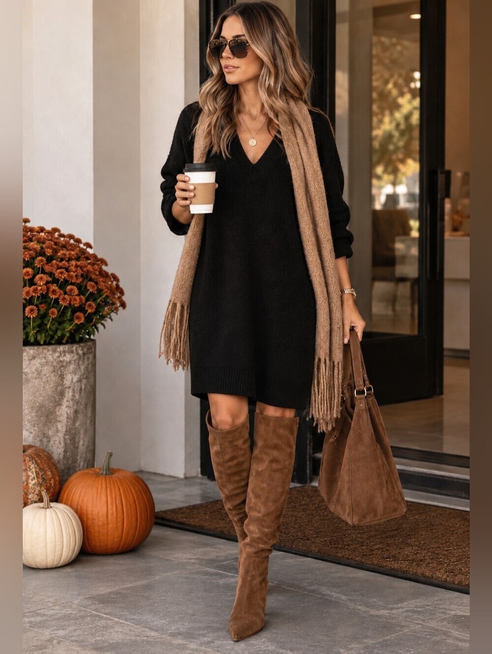 Black Oversized V-Neck Sweater Dress Tunic Long Sleeve